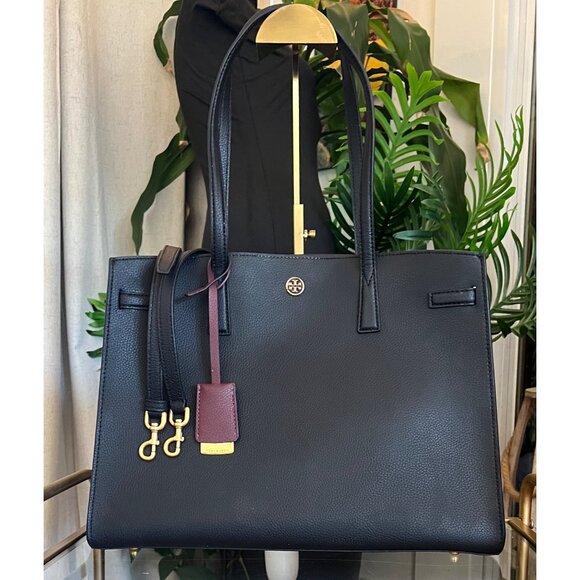 Tory Burch Walker Robinson Black Leather Tote Bag With Burgundy Tag & Gold Hardw - Picture 11 of 11